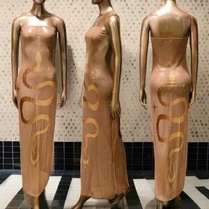 NWT Sheer Mesh Bandeau Golden Sun Snake Bodycon Ibiza Maxi Dress